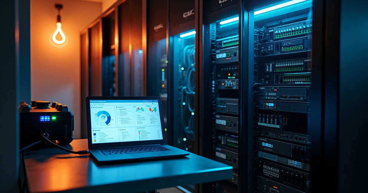 Servidor IoT em rack com luzes de emergência acesas e gerador protegido ao fundo 