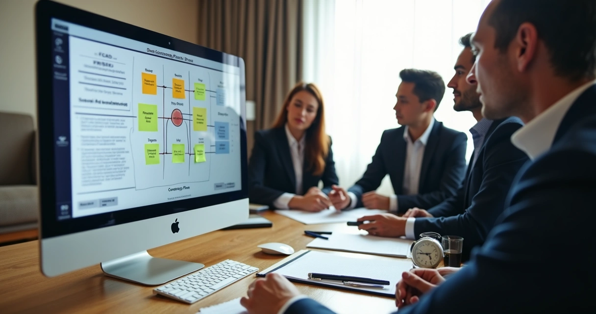 Equipe reunida analisando plano de contingência digital em tela de computador 