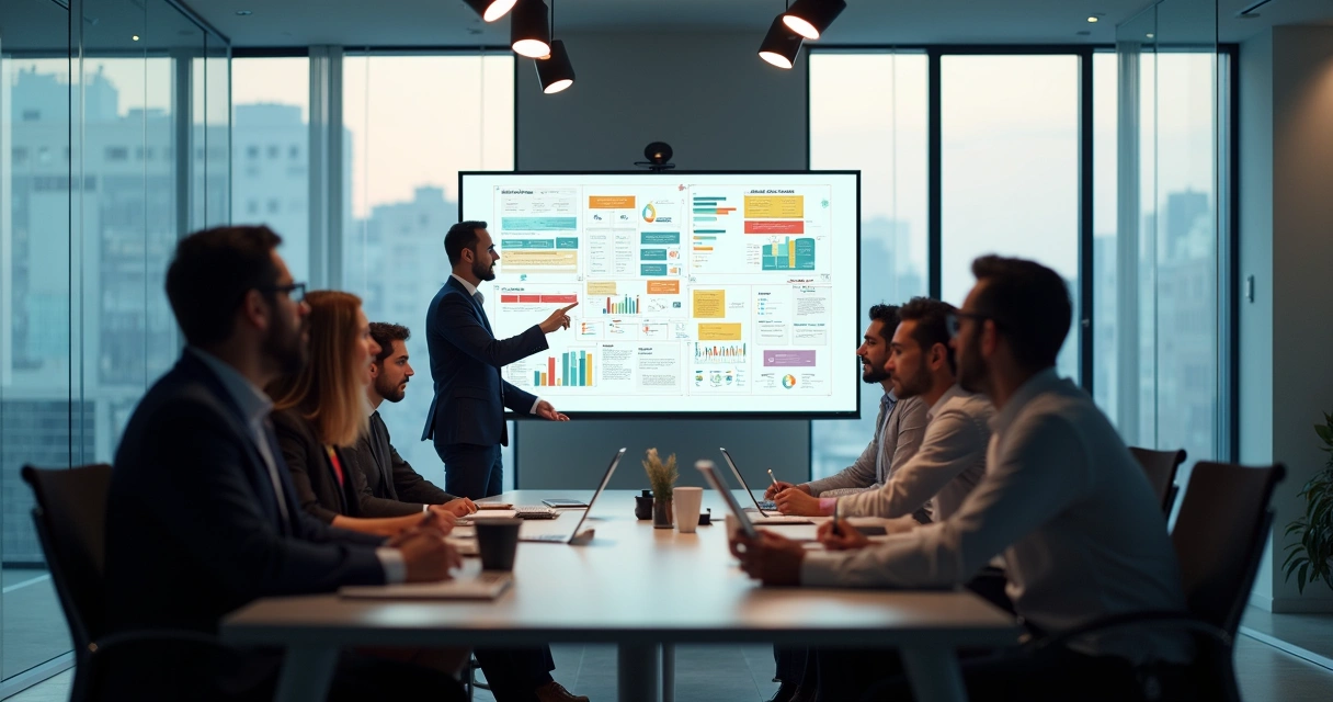Equipe de TI reunida criando plano de continuidade de negócios em quadro branco 