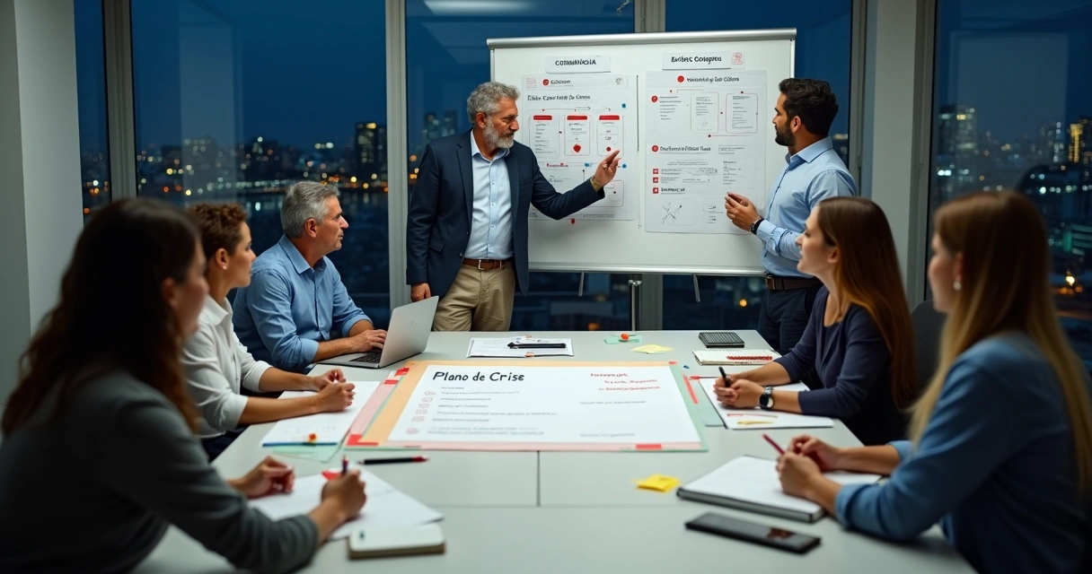 Empresário brasileiro em sala de guerra revisando plano de crise com equipe 