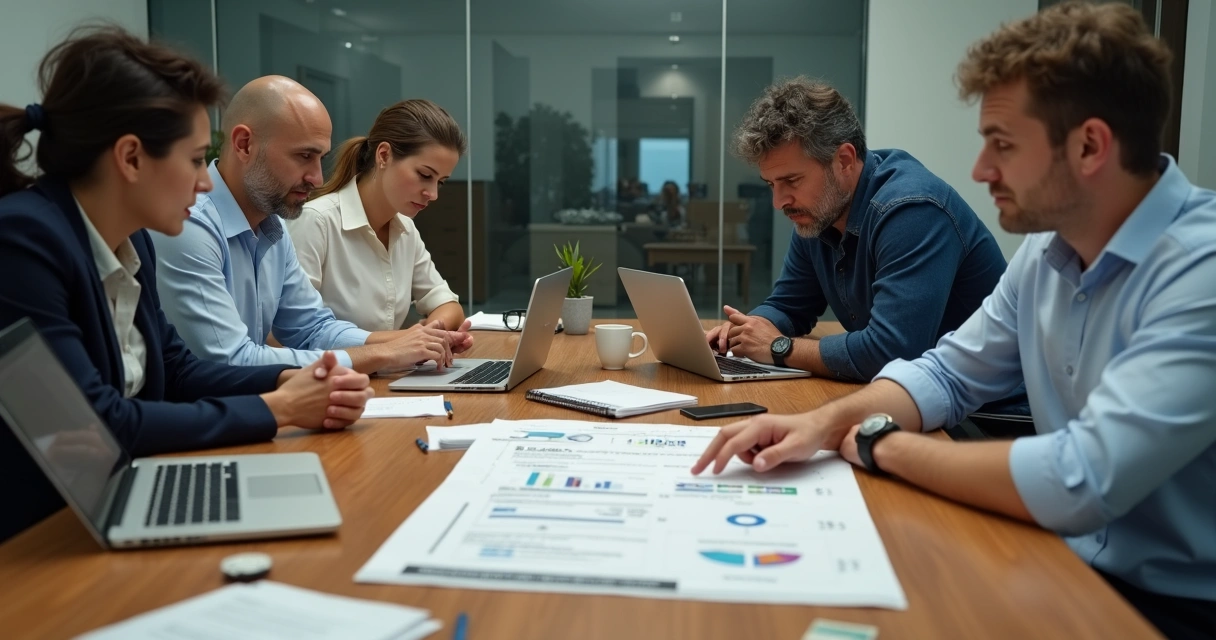 Equipe sentada à mesa discutindo documentos e computadores, representando um plano de crise corporativo 