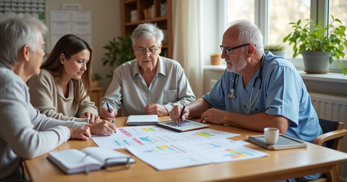 Idoso, familiar e profissional organizando plano de cuidado com anotações sobre a mesa 