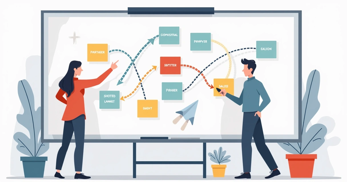 Quadro branco com passos do planejamento de vendas e setas conectando parceiros 