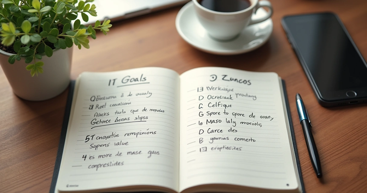Caderno com metas e ações de coaching em mesa de trabalho