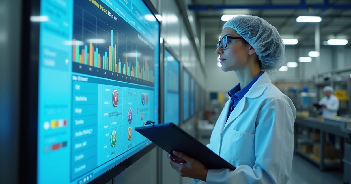 Gestor analisando planos de ação em fábrica de alimentos 