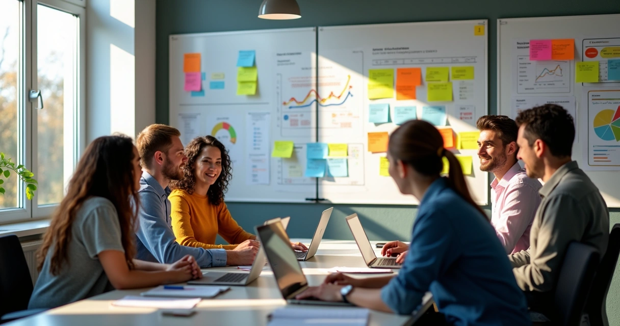 Equipe SaaS reunida discutindo planos de ação com gráficos
