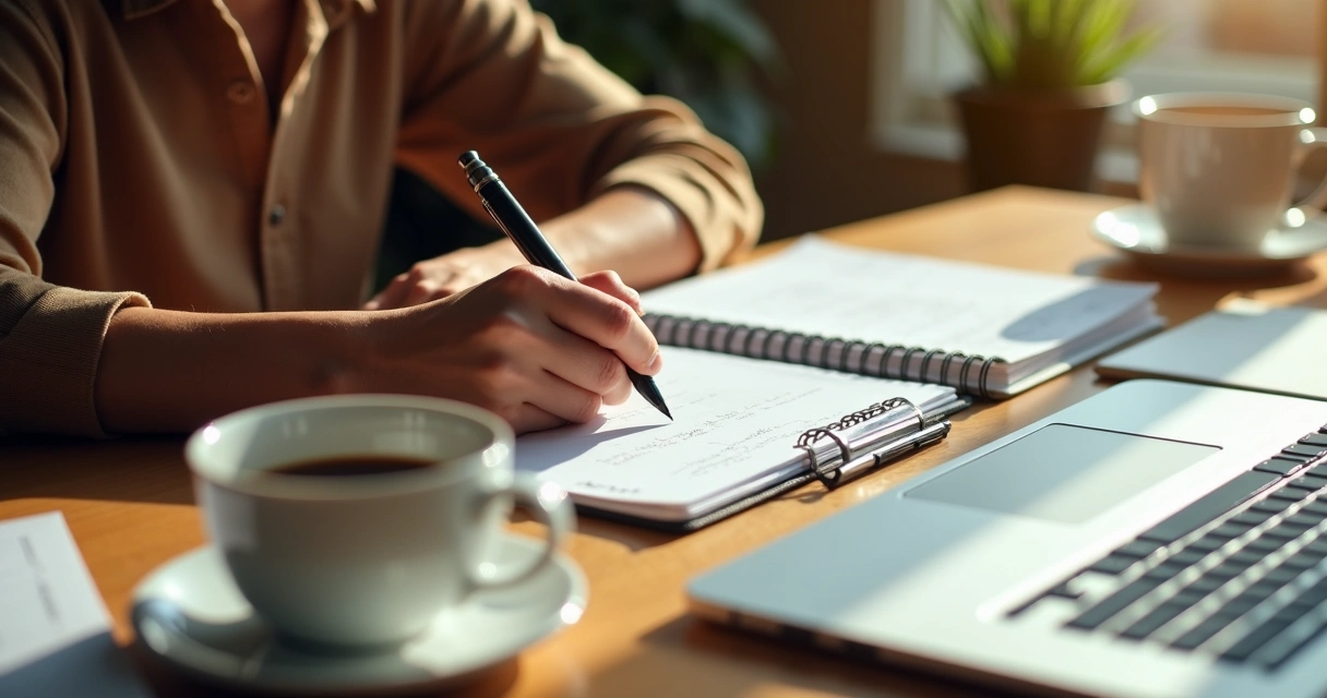 Pessoa escrevendo um plano de ação com papel e caneta 