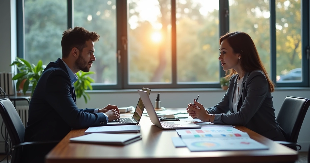 Dois profissionais conversam sobre planos de cargos com anotações sobre faixas salariais 