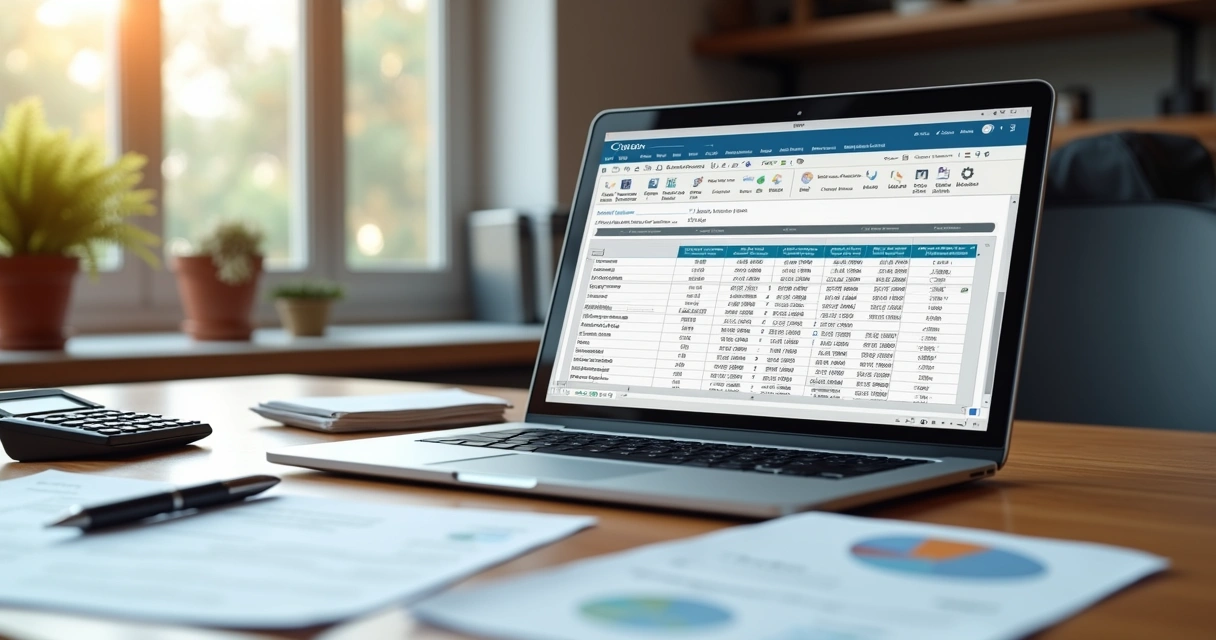 Mesa de escritório com laptop aberto mostrando planilha financeira e documentos organizados, com caneta e calculadora ao lado 