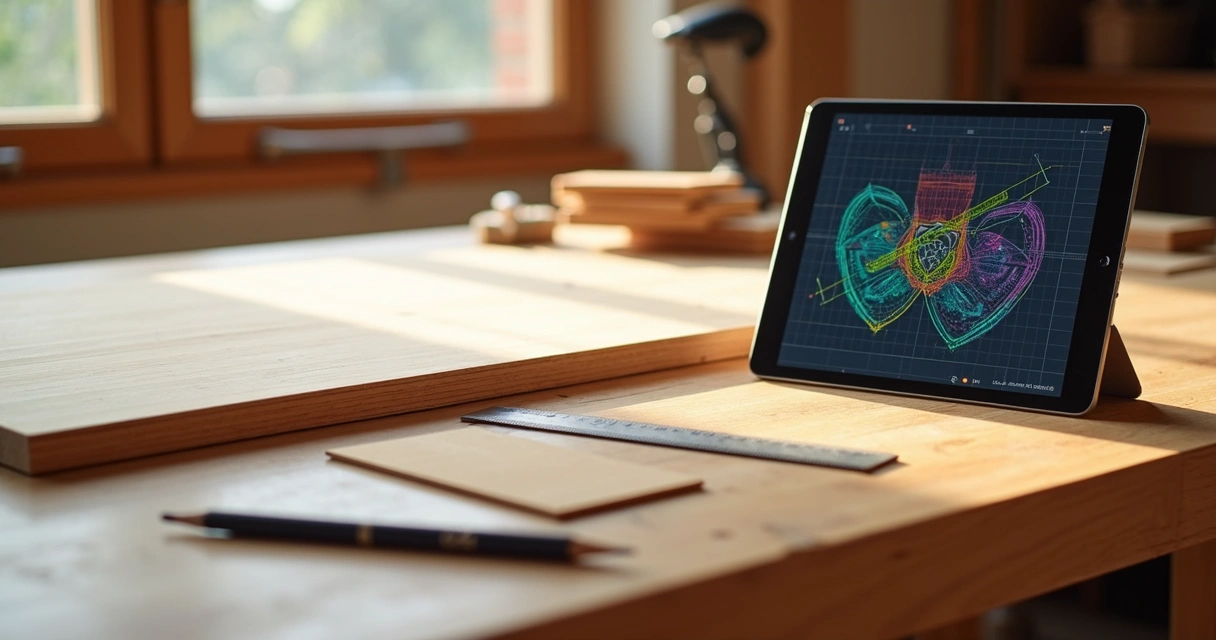 Tela de computador com plano de corte colorido e ferramentas de marcenaria ao lado