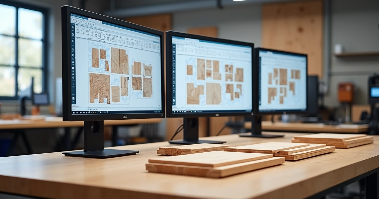 Mesa mostrando planos de corte digitais com layouts detalhados em telas de computador e materiais de madeira à frente 