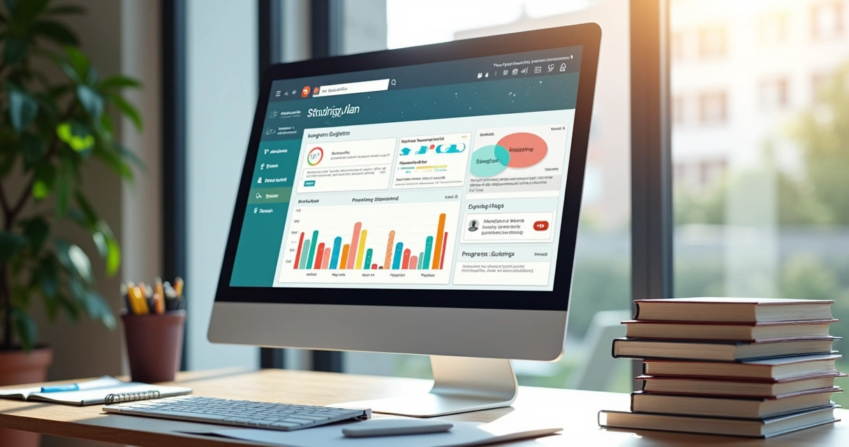 Tela de computador exibindo plano de estudos personalizado e gráficos de progresso. 