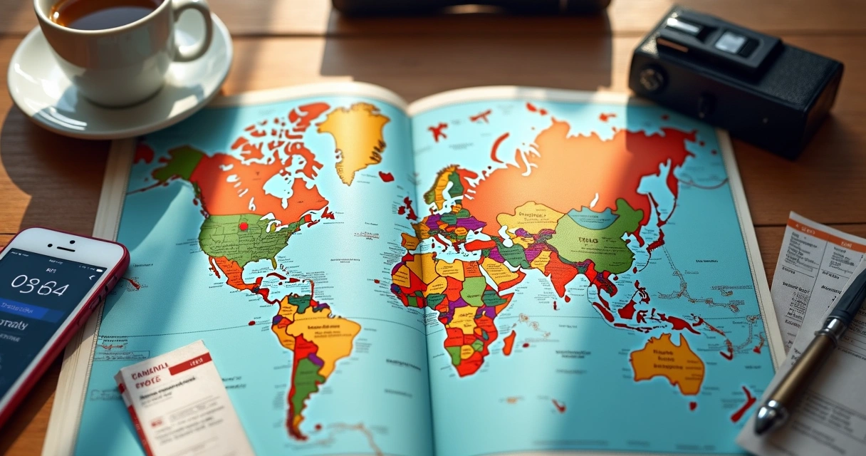 Mapa de viagem aberto com marcadores de destinos e notas escritas à mão 