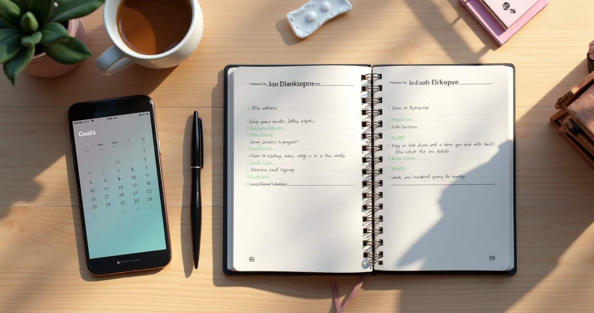 Mesa organizada com planner, caneta, smartphone e café, planejando desenvolvimento pessoal 