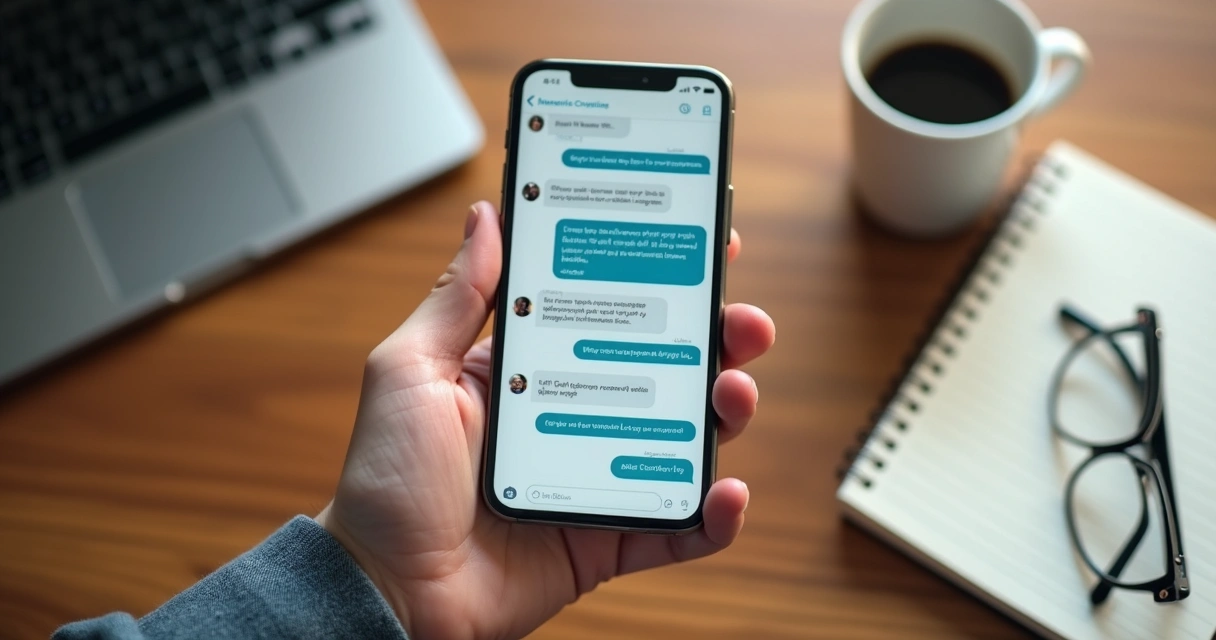 Mão segurando smartphone exibindo conversa automatizada 