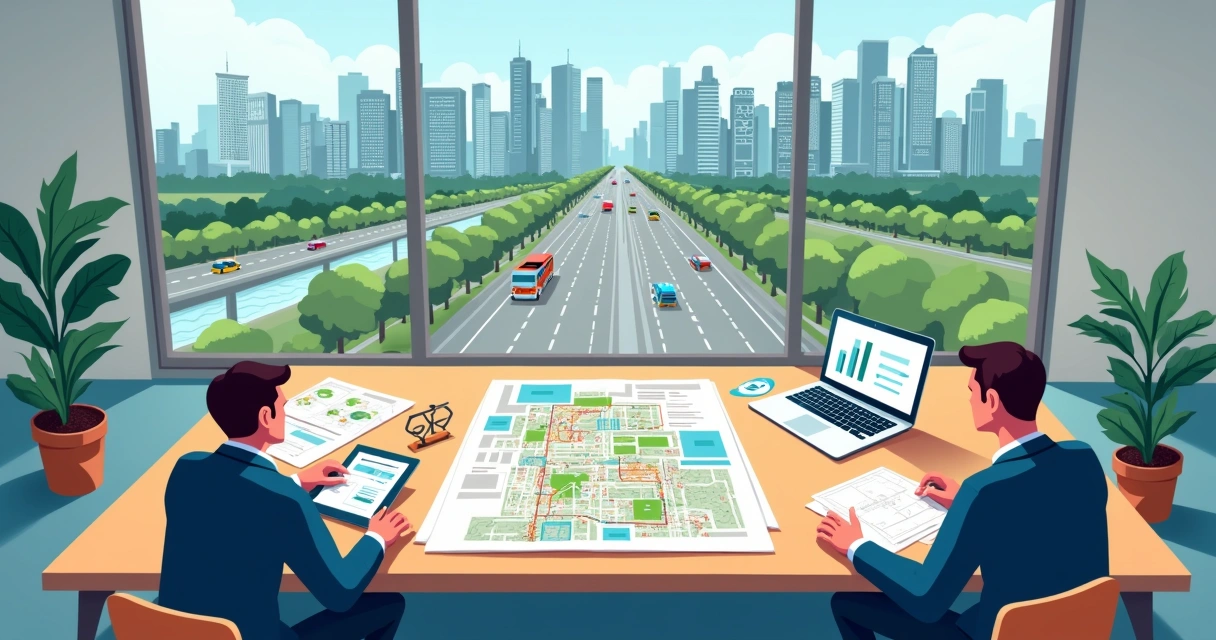 Equipe de urbanismo analisando mapas e plano diretor sobrevista da cidade 