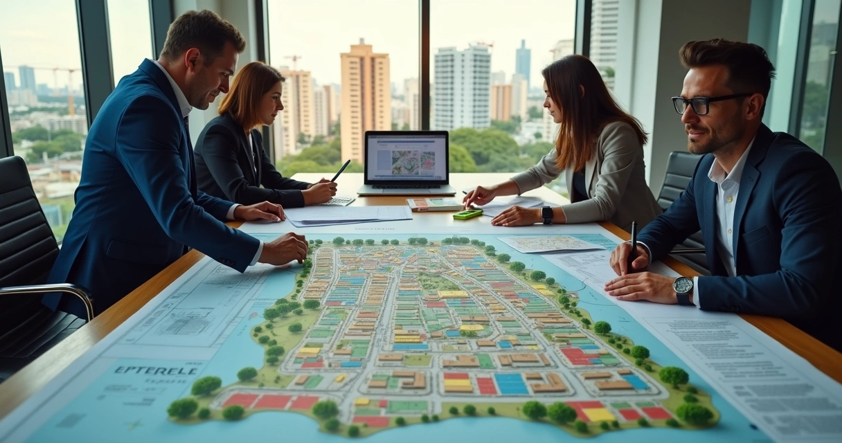 Mesa de reunião com planta urbana e equipe analisando projeto imobiliário 