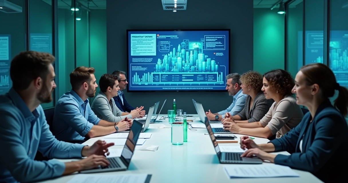 Equipe revisando plano de disaster recovery em sala de reunião, com painéis de dados ao fundo 