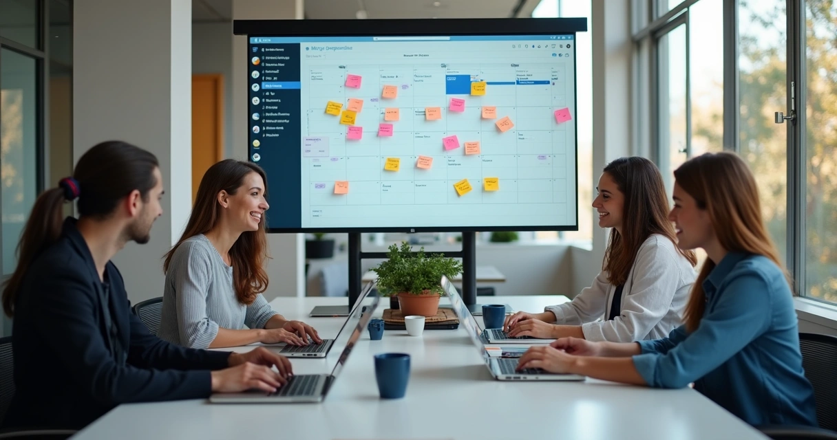 Equipe de marketing reunida em volta de mesa com computadores e planejando calendário editorial digital 