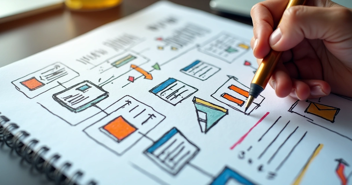 Plano estratégico de email marketing desenhado com fluxos e gráficos em papel 