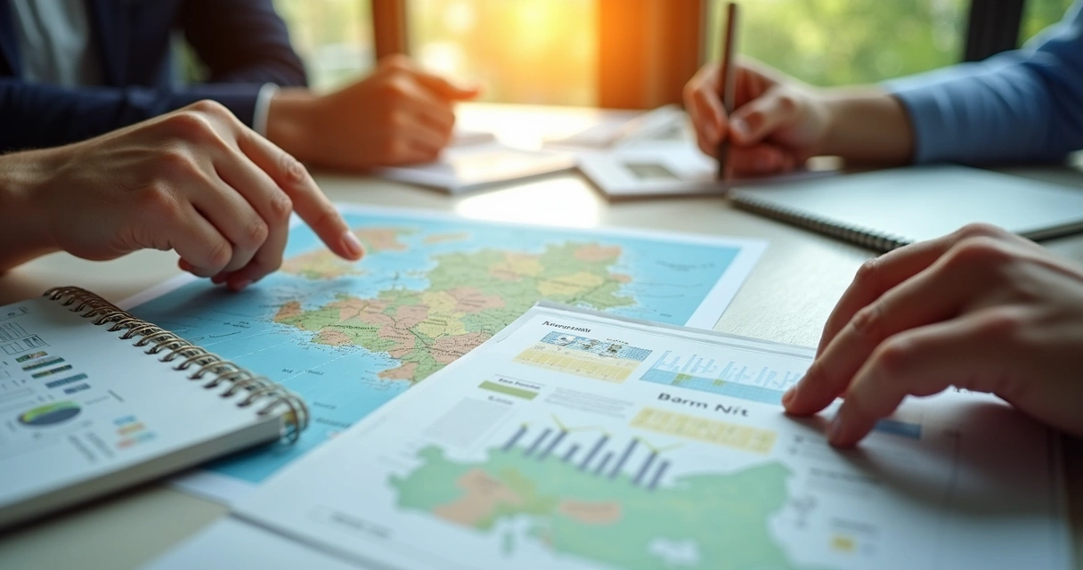 Mesa de planejamento com mapas e documentos de energia limpa 