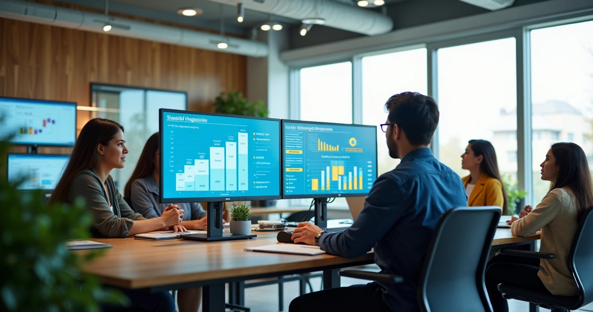 Gestor escolar analisa dados com equipe 