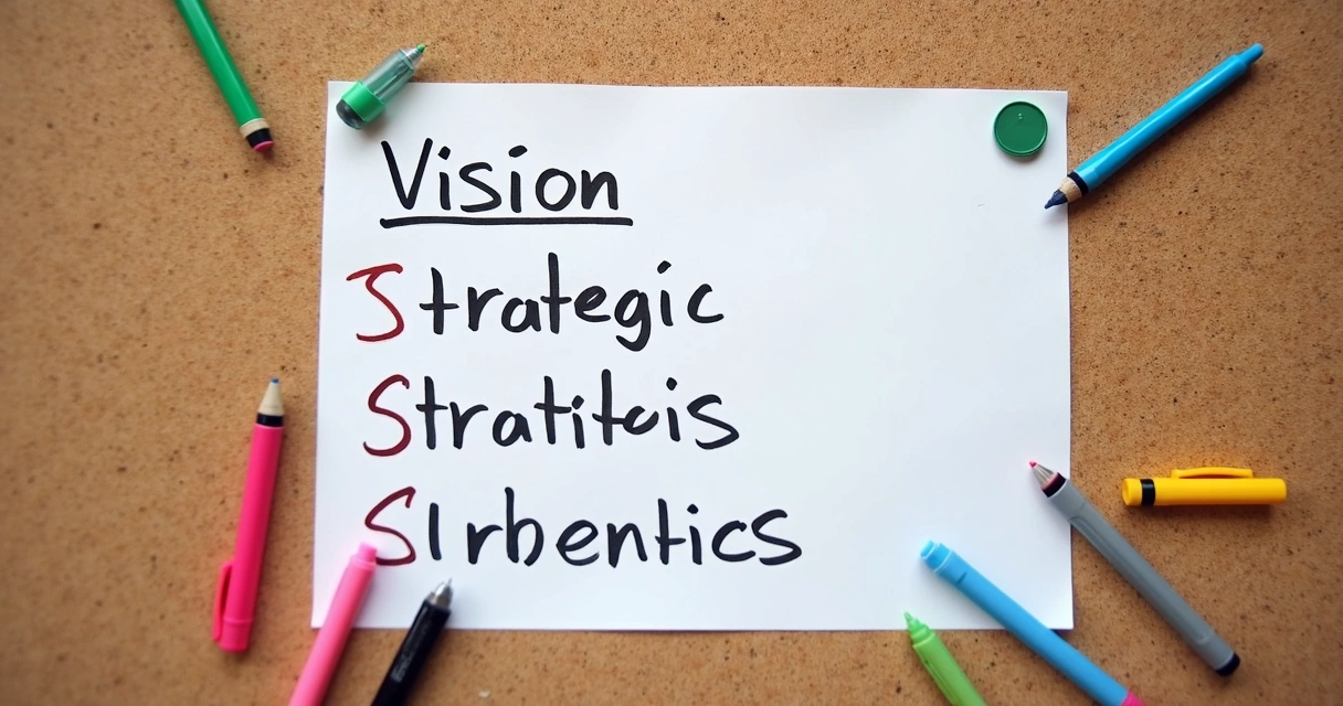 Folha A4 com plano estratégico da PME dividido em seções claras, destacando visão, prioridades e responsáveis