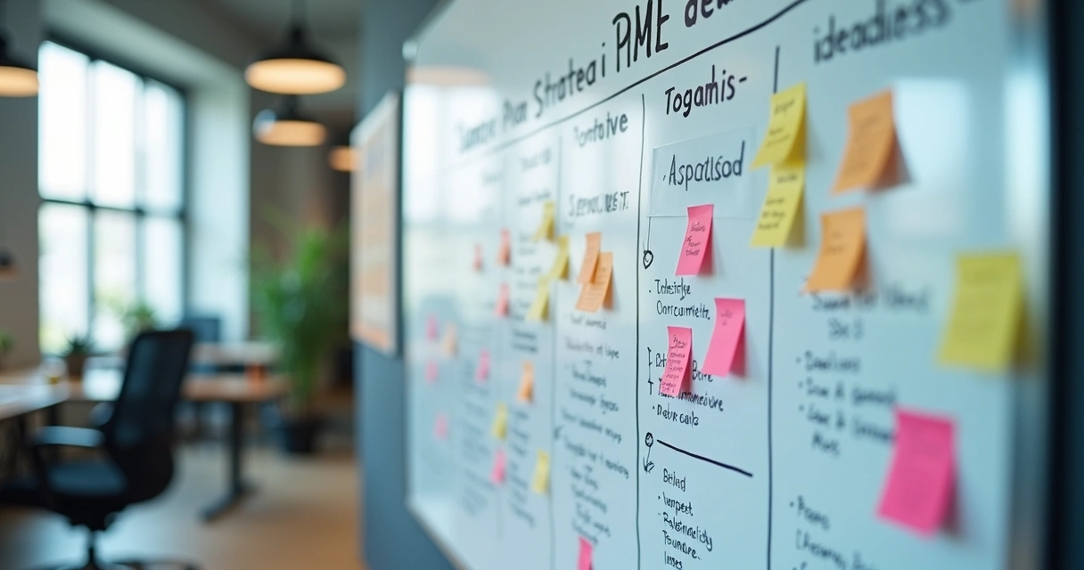 Exemplo de plano de ação com responsáveis e prazos destacados em quadro branco