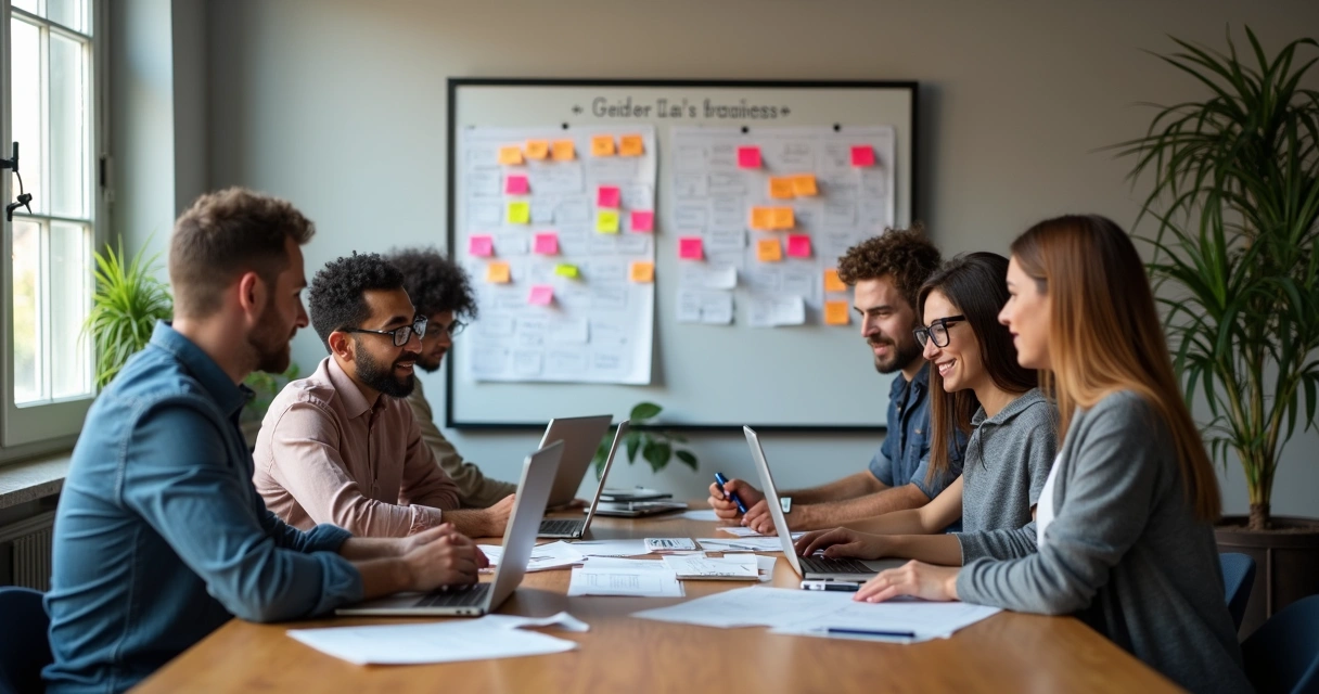 Equipe de PME reunida analisando um plano estratégico enxuto na parede