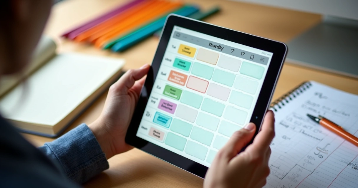 Plano de estudos digital com tópicos coloridos, notebook e agenda ao lado 