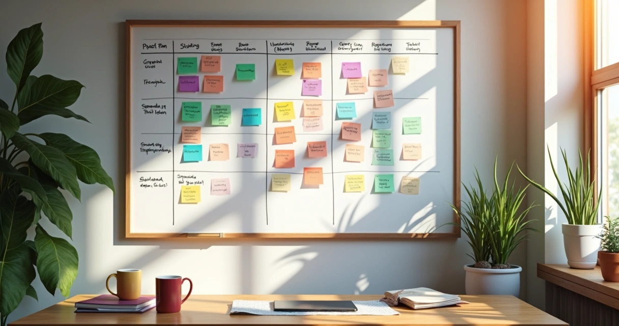 Quadro branco com plano de estudos organizado por cores 