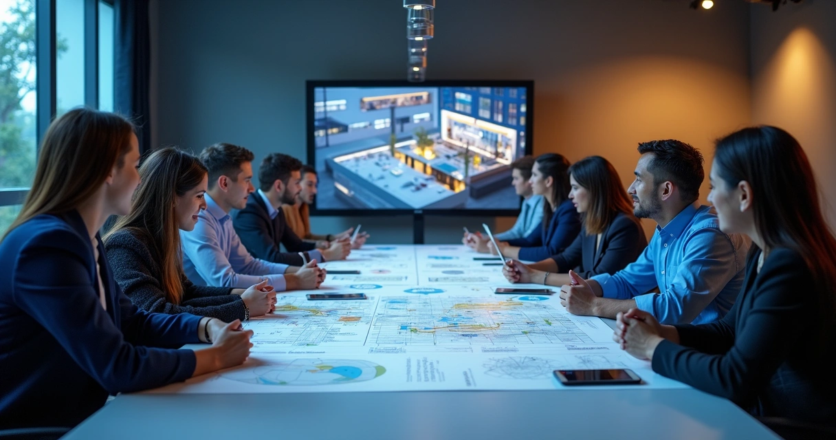 Planejamento de feira comercial com equipe reunida em mesa 