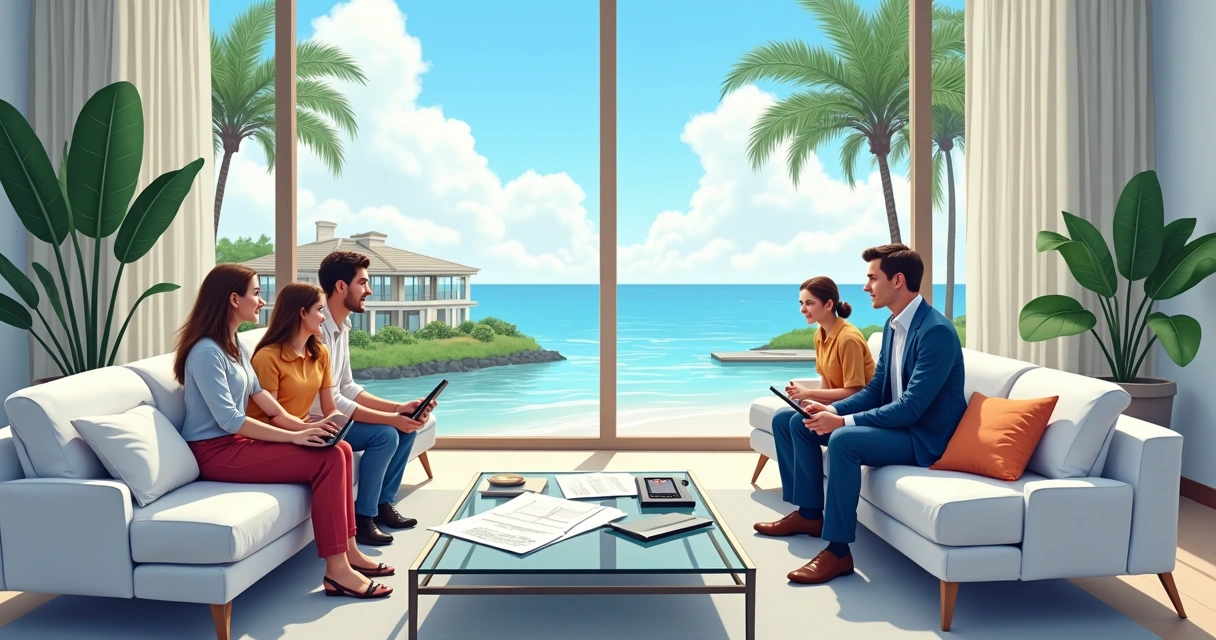 Family discussing wealth planning with a broker in the living room of a high-end house 