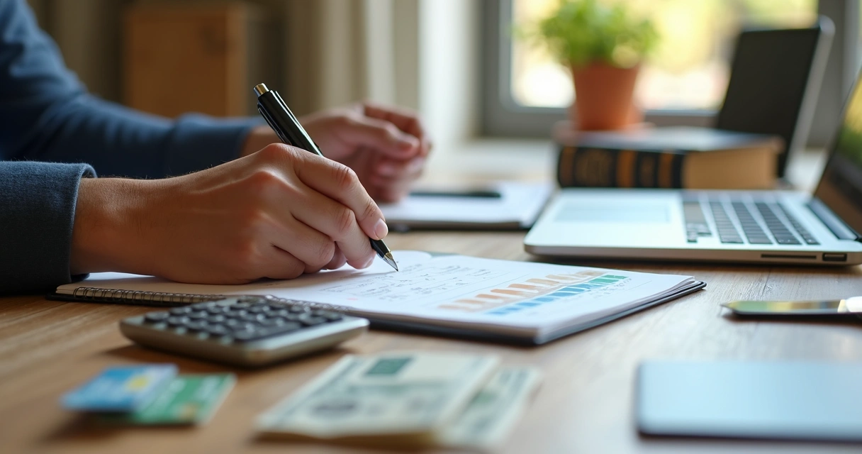 Mãos anotando um plano financeiro com cartões, dinheiro e calculadora na mesa 