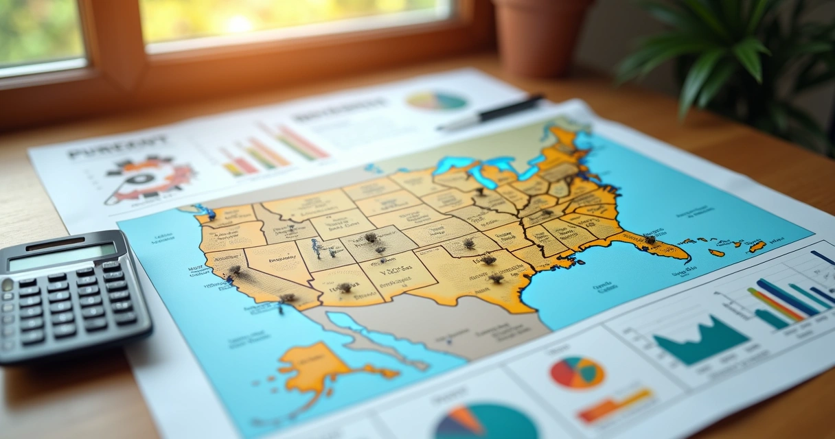 Mesa de trabalho com mapa dos Estados Unidos, calculadora, anotações e gráficos de custos de vida detalhados 