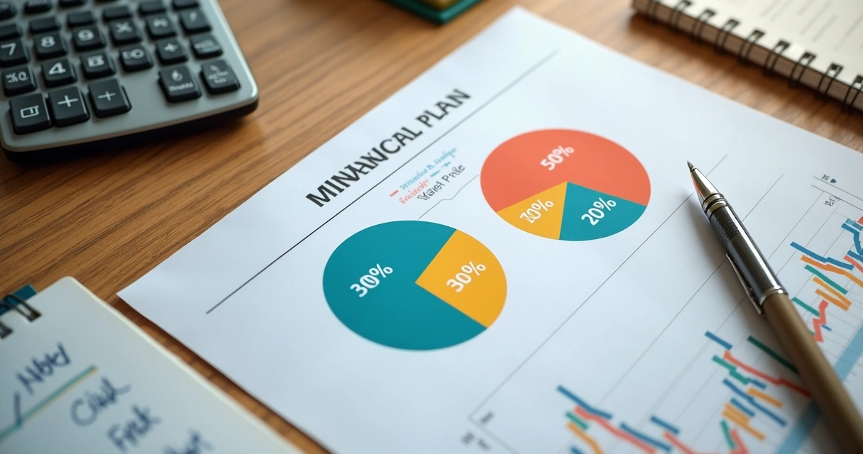 Plano financeiro dividido em três partes com porcentagens 50%, 30% e 20% em gráficos coloridos 