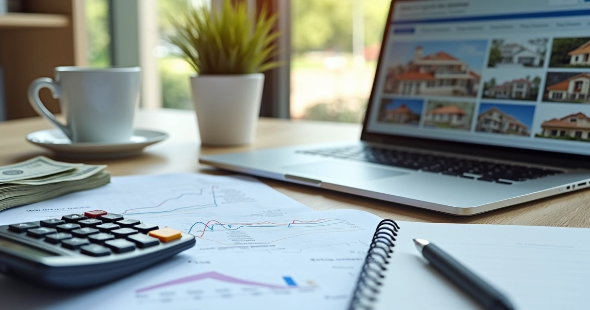 Plano financeiro para investimento imobiliário em Orlando, mostrando gráficos, calculadora e notas de dólar 