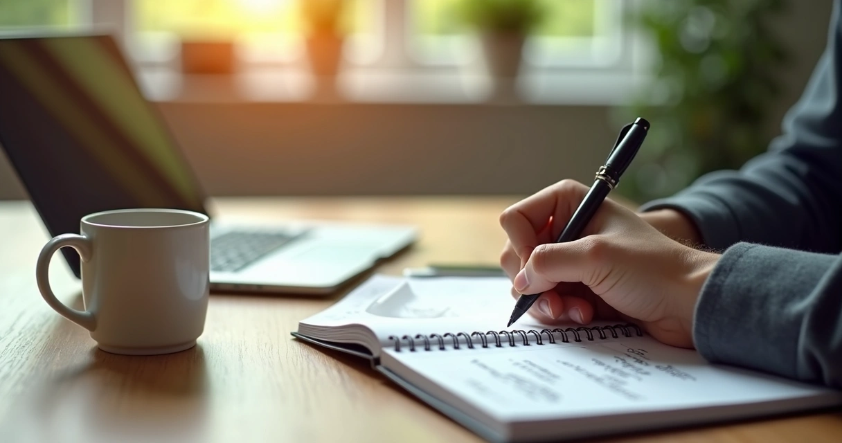 Pessoa escrevendo metas financeiras em caderno sobre mesa com laptop e caneca 