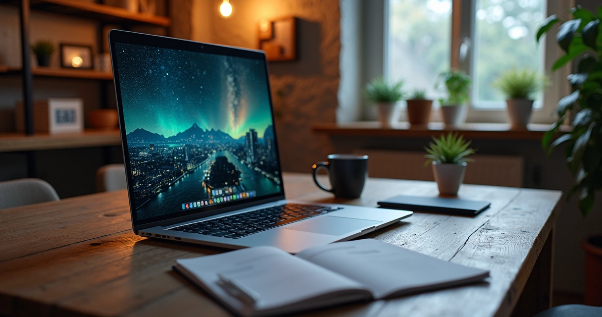 Mesa com laptop exibindo gráficos financeiros, anotações e uma caneca ao lado 