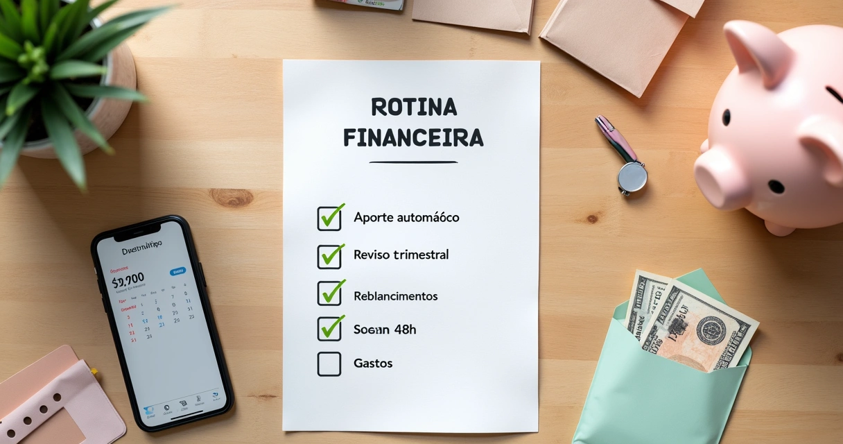 Checklist de rotina financeira com alarmes e envelopes. 