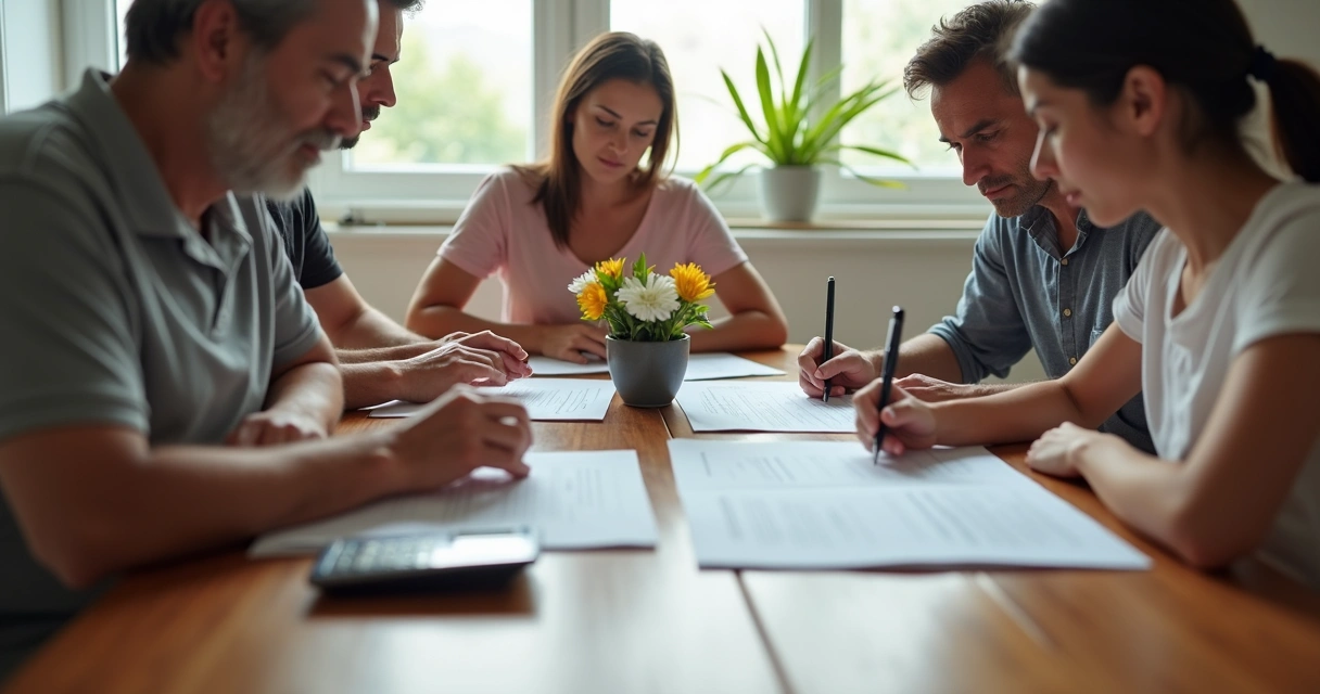 Familia analisando contrato de plano funerário em mesa de jantar