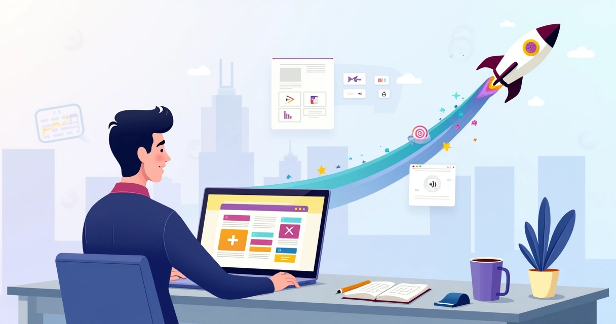 Usuário lançando projeto digital gratuito em ilustração corporativa 