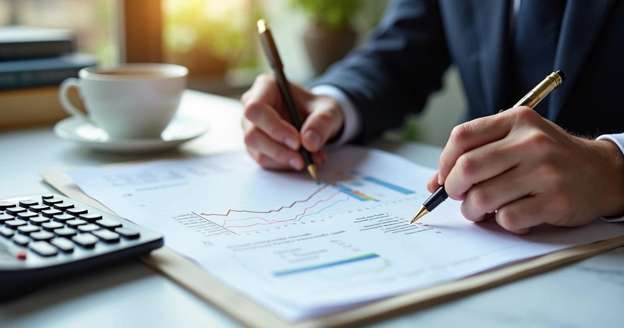 Pessoa anotando plano de investimentos em bloco de notas e papéis. 