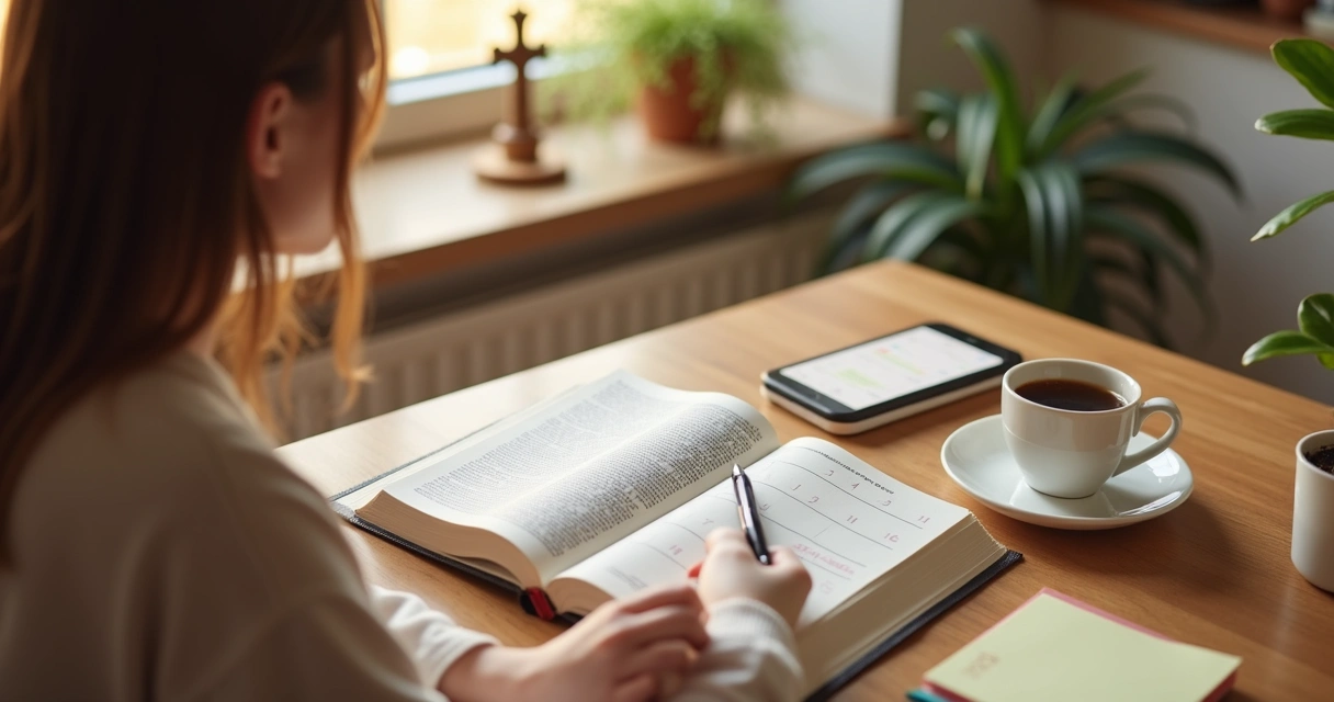 Mulher lendo a bíblia e organizando um plano de leitura em caderno com calendário 