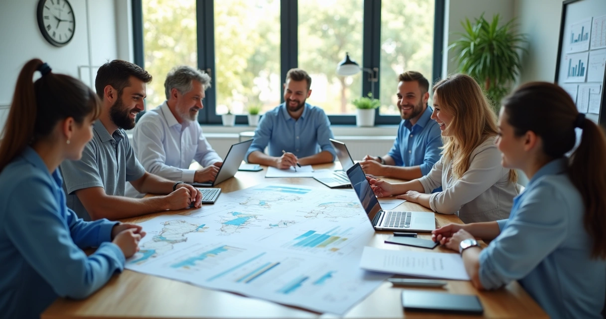Equipe de clínica odontológica analisando plano de crescimento no escritório 