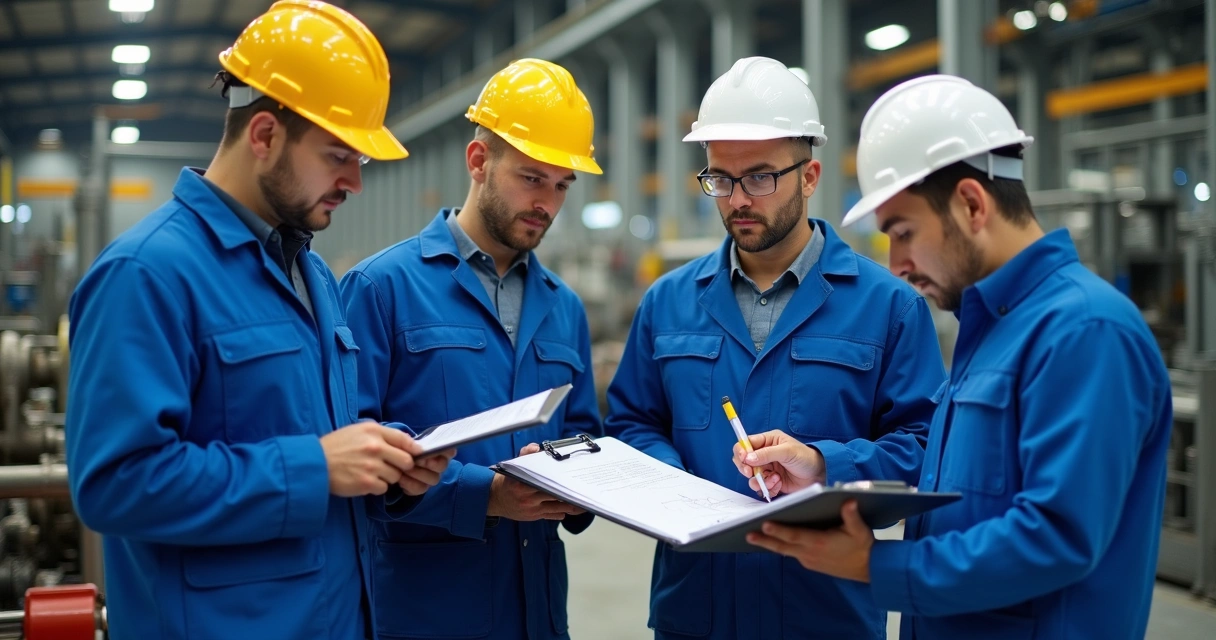 Equipe de manutenção avaliando plano de ação em prancheta grande 