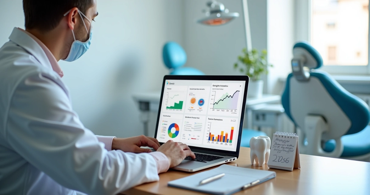 Dentista analisando plano de marketing digital odontológico em laptop com gráficos e redes sociais 