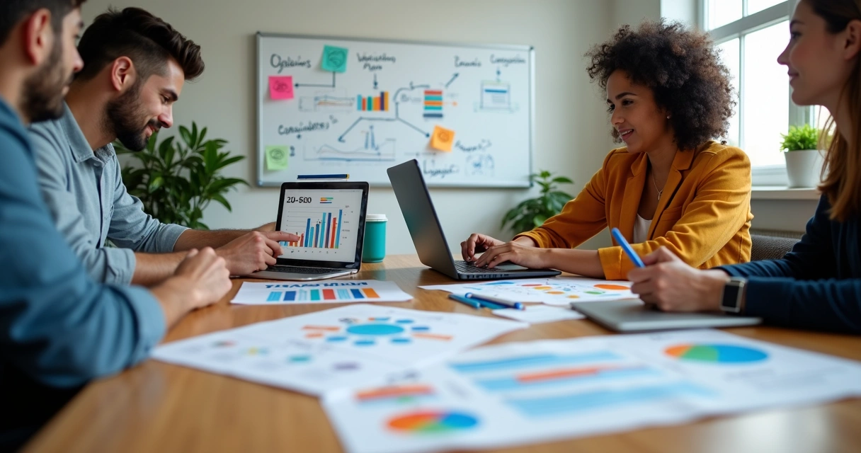 Equipe pequena montando plano de marketing em mesa com gráficos e post-its 