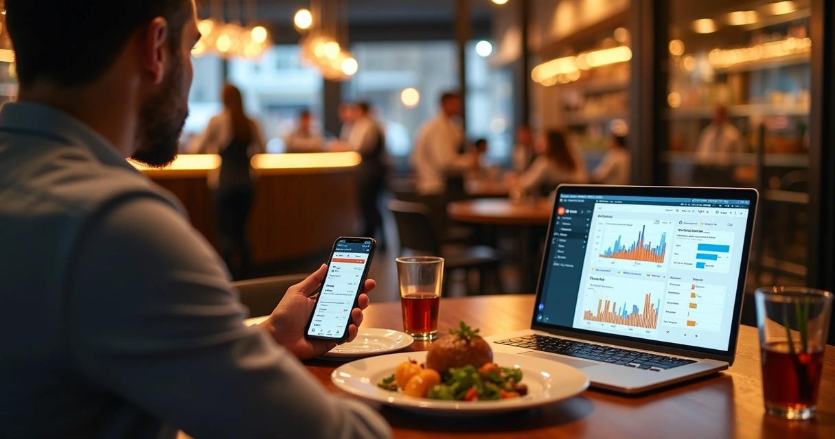 Gestor de restaurante analisando plano de marketing digital em notebook ao lado de mesa servida 