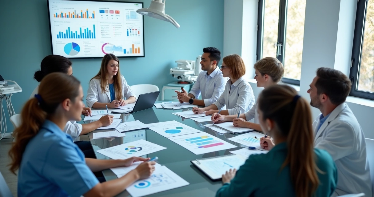 Equipe reunida em sala de reunião analisando gráficos de desempenho mensal